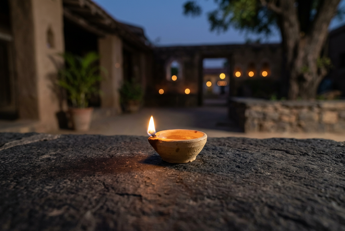 Single terracotta diya glowing on stone before a courtyard at dusk