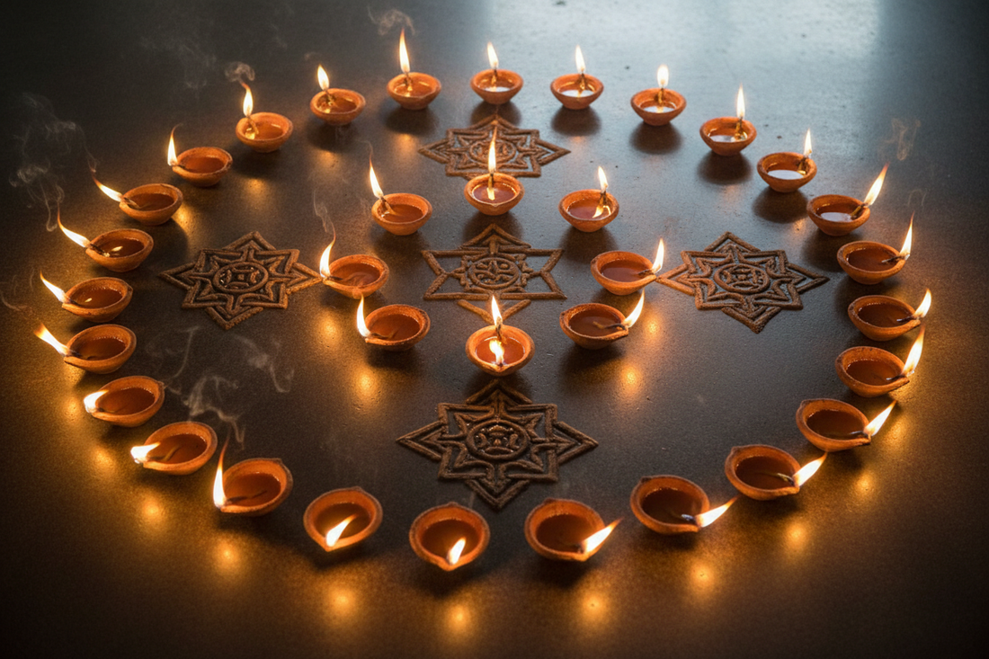 08 glowing oil diyas arranged in a sacred circle — the most sacred number in Hinduism, Buddhism and yogic tradition