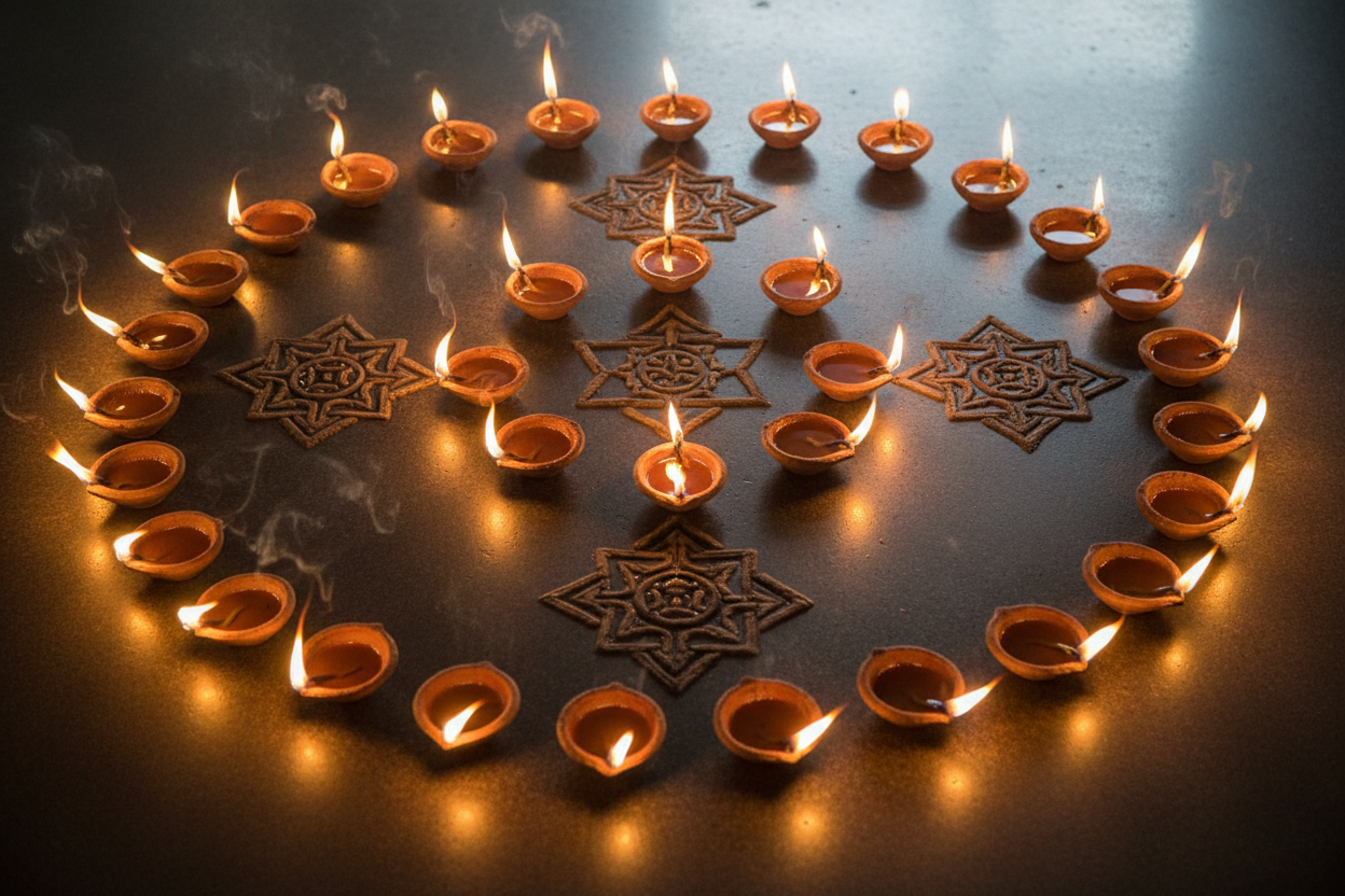08 glowing oil diyas arranged in a sacred circle — the most sacred number in Hinduism, Buddhism and yogic tradition