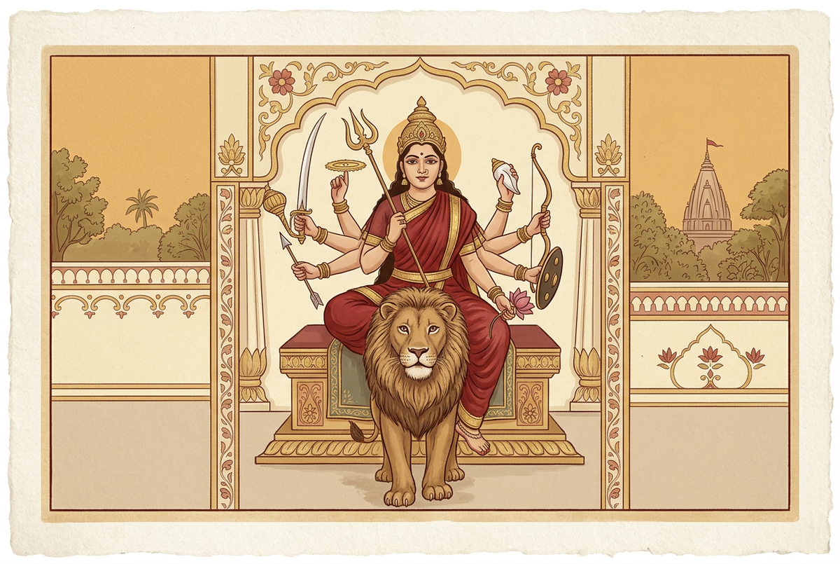 Devotional illustration of multi-armed Maa Durga with a lion beneath her