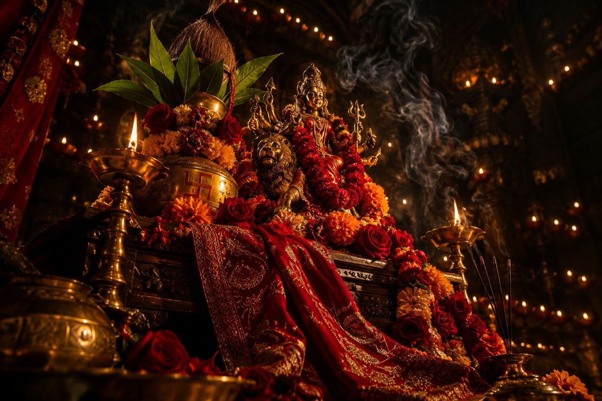 Sacred Navratri puja corner with glowing diyas, brass kalash, red stole and Durga idol