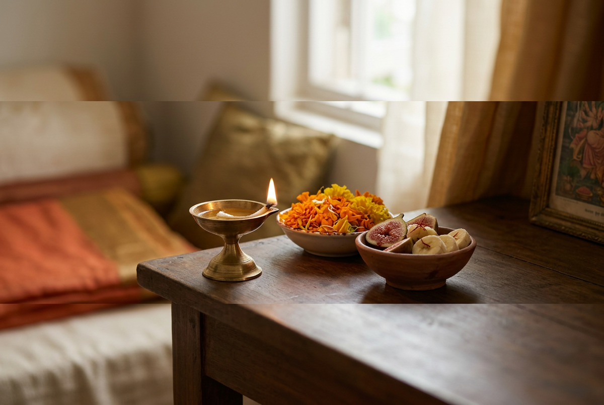 Lit brass diya beside marigolds and fruit in warm morning light