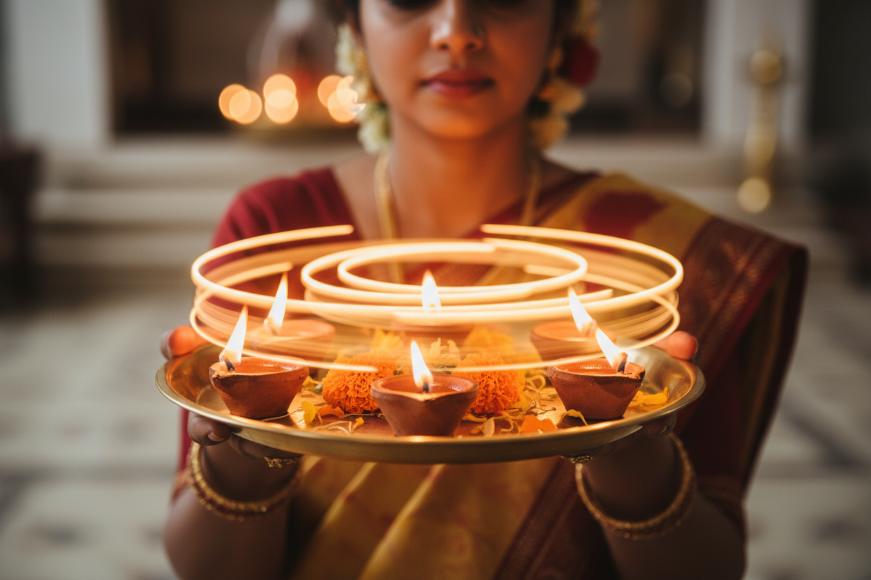 Woman's hands performing aarti with brass thali five lit diyas and marigolds