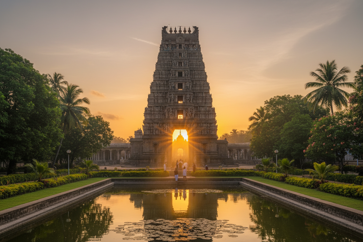 Ancient Hindu temple facing east at golden sunrise — Secrets of the Sacred Vol. 25 by Divya India