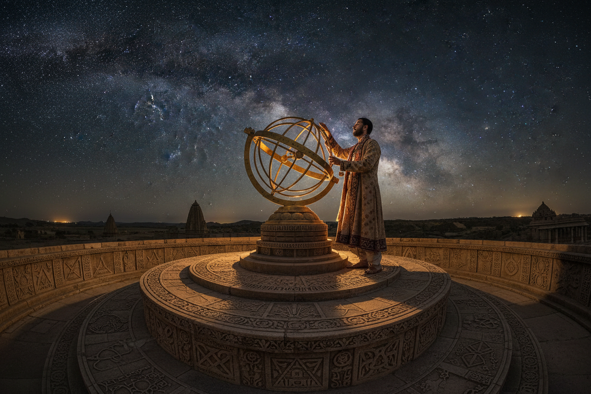 Ancient Indian astronomer observing stars at Jantar Mantar observatory