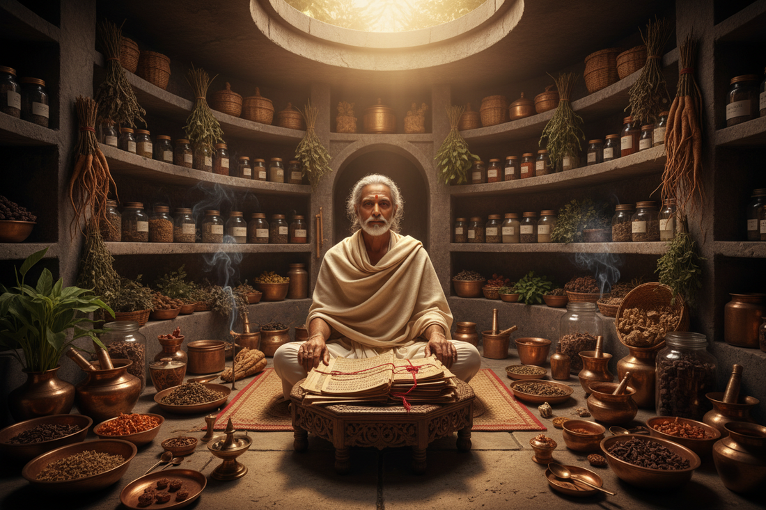 Ancient Indian Ayurveda physician with herbs and sacred manuscripts