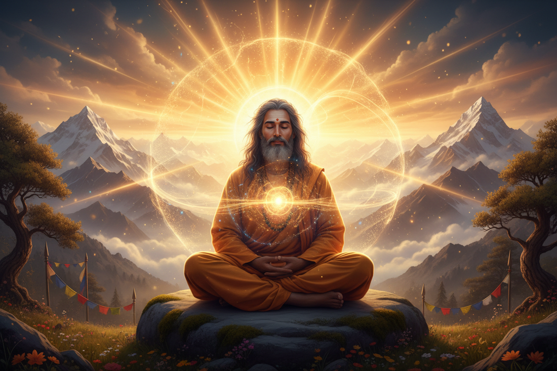 Ancient Indian Yoga Guru in Meditation at Himalayan Sunrise