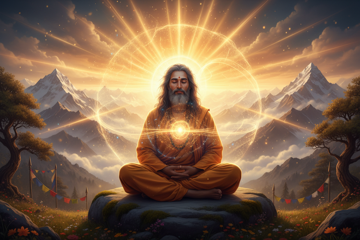 Ancient Indian Yoga Guru in Meditation at Himalayan Sunrise
