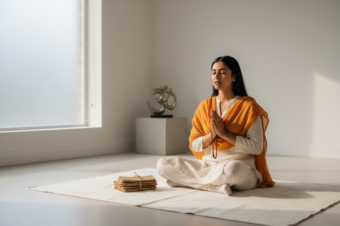 "Young Indian woman in morning meditation draped in a saffron silk stole, brass diya glowing beside her — India's 5,000-year-old prescription for mental peace and inner stillness"