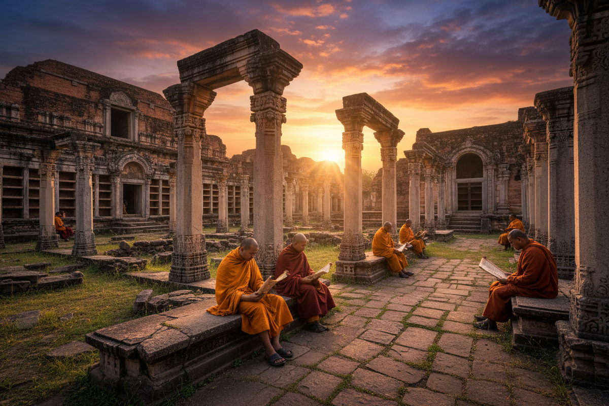 Ancient Nalanda University ruins at golden sunset with monks studying