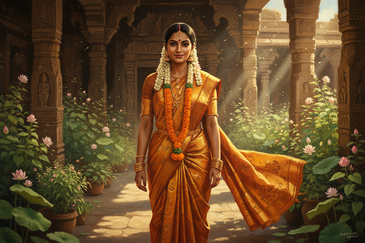 "Andal, the Tamil saint-poet, adorned with sacred flower garlands in a temple garden in 8th century Srivilliputhur, Tamil Nadu"