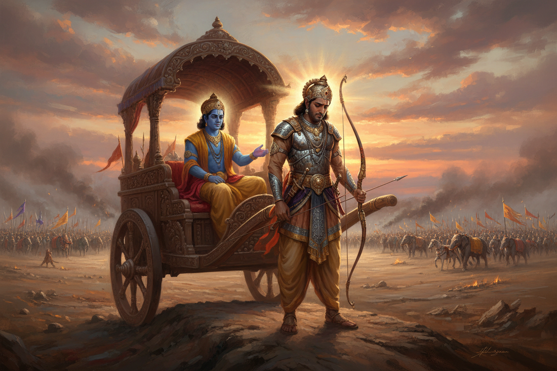 Arjuna with lowered bow in anguish on the battlefield of Kurukshetra, Lord Krishna beside him as charioteer — the moment the Bhagavad Gita was born