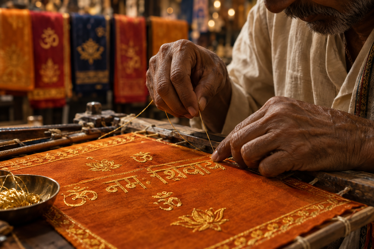 Master artisan embroidering gold Devanagari mantra on saffron silk stole by hand
