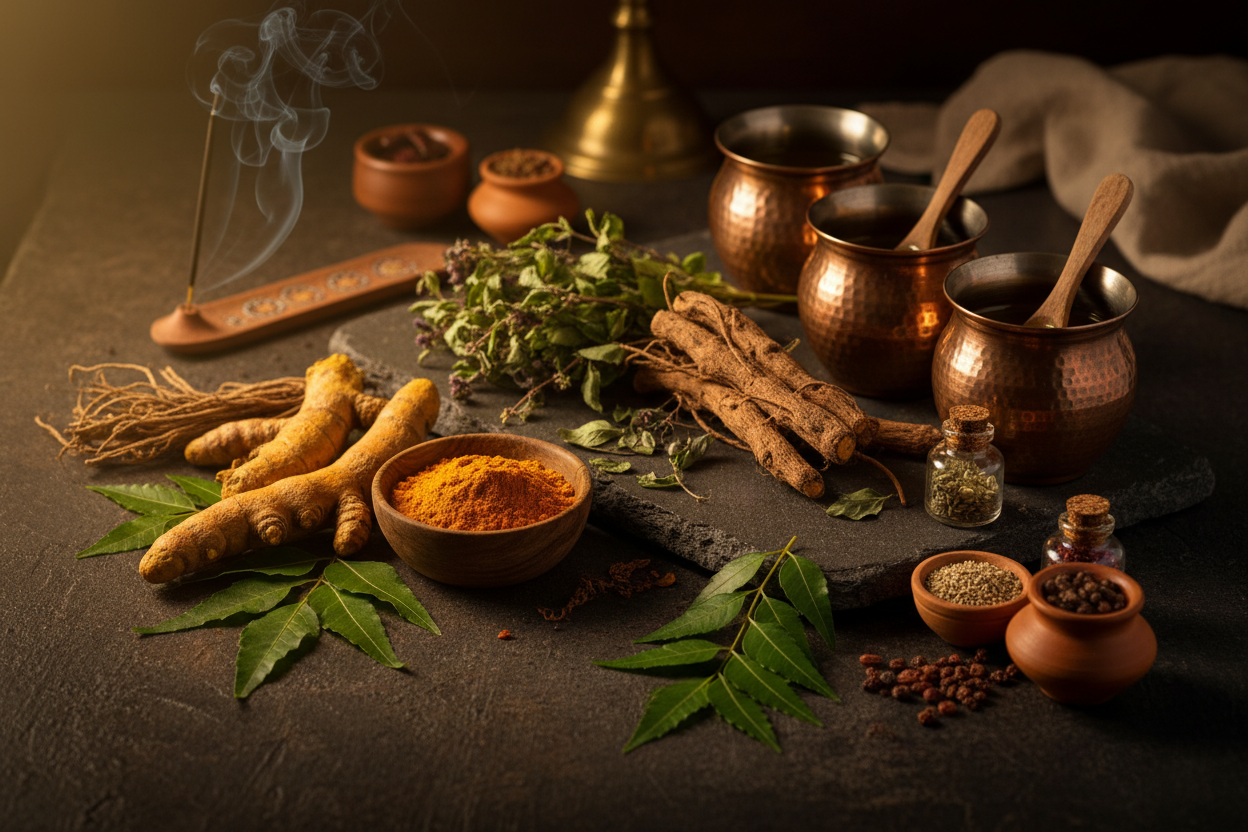 Ayurvedic herbs, turmeric, tulsi, neem and natural oils arranged on stone — India's 5000-year-old science of holistic health