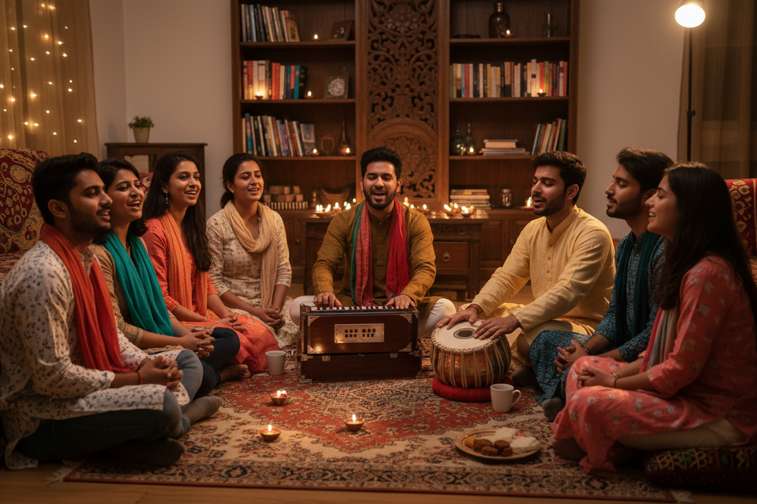 Young Indians singing bhajans together in warmly lit living room circle