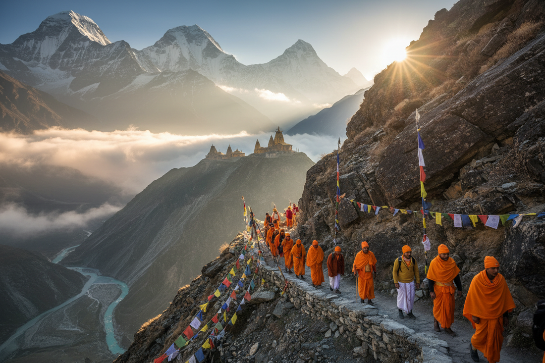 Hindu pilgrims in saffron climbing a Himalayan mountain path toward the Char Dham temples — India's most sacred pilgrimage