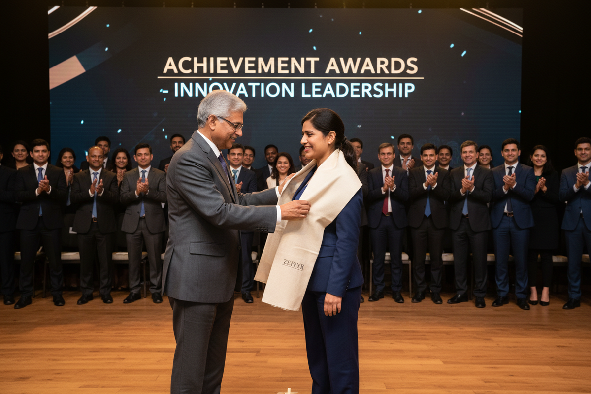 Senior Indian corporate leader draping a premium branded stole over an award recipient on stage — the most powerful corporate gifting tradition in India