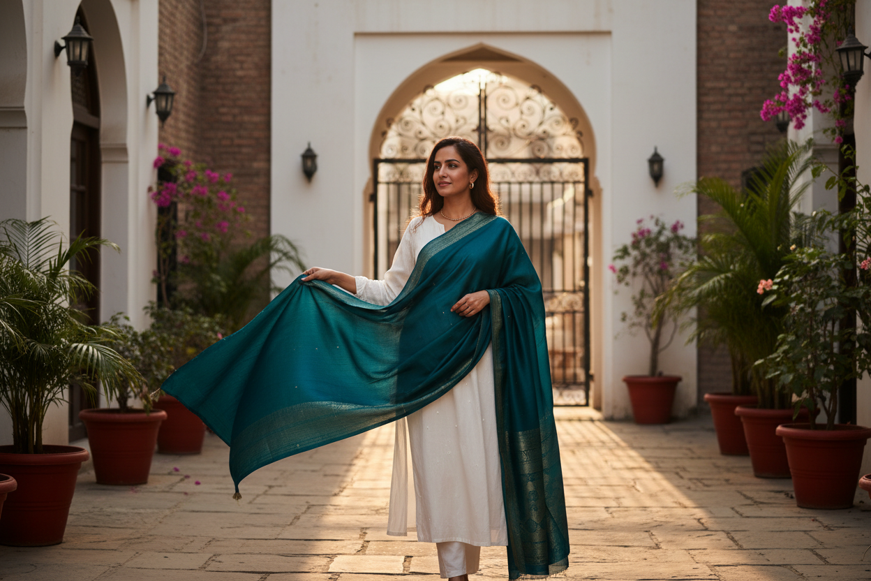 Stylish Indian woman wearing designer silk stole draped over white kurta