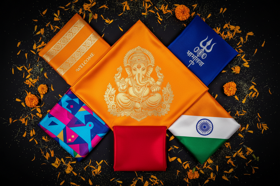 Divya India stole collage — Ganpati stole centered with Welcome, Lord Shiva, Designer, Patriotic tricolour and Plain stoles — premium Indian stoles for every occasion