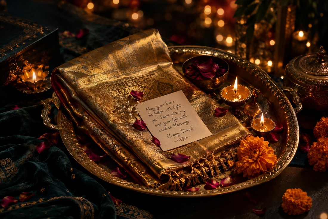 Luxury Diwali gift tray with gold silk stole, brass diyas, rose petals and marigolds