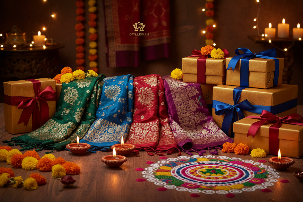 Premium stoles as Diwali gifts arranged with diyas and rangoli — luxury Diwali gifting stoles by Divya India