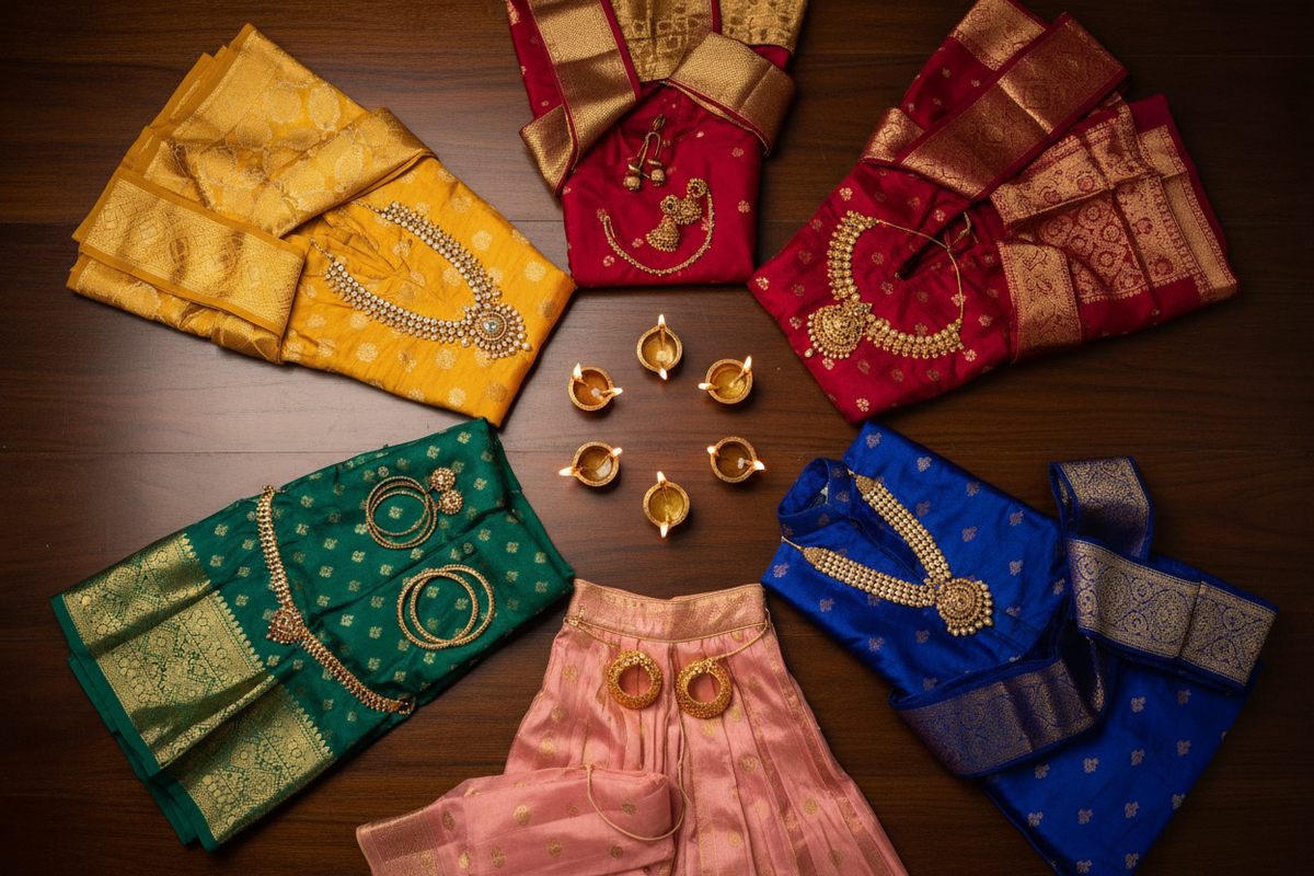 "Five festival outfits with silk stoles and gold temple jewellery arranged around glowing brass diyas — the complete Diwali 2026 wardrobe guide for every day of the five-day festival"