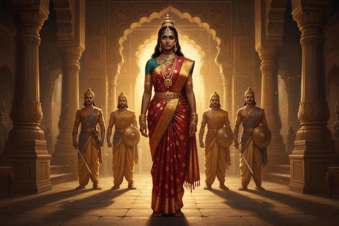 Draupadi the Queen — regal and powerful with the five Pandavas — Secrets of the Sacred Vol. 18 by Divya India