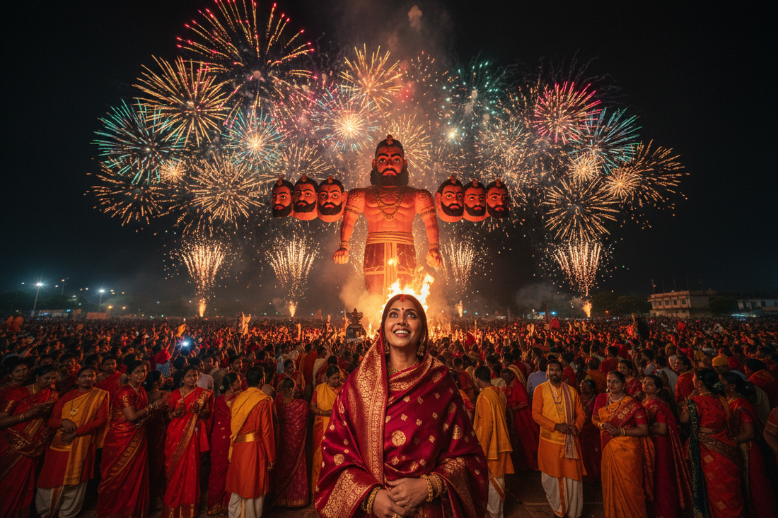 Dramatic Dussehra 2026 celebration — Ravana effigy and fireworks with crowds in red and saffron traditional attire — the complete guide to Vijayadashami