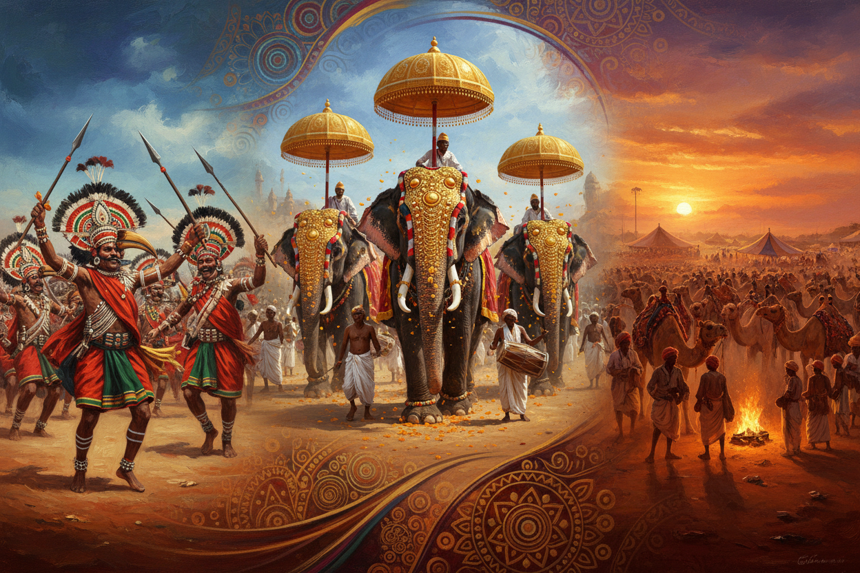 Vibrant collage of India's forgotten festivals — Hornbill Festival Nagaland, Thrissur Pooram Kerala, Pushkar Camel Fair Rajasthan