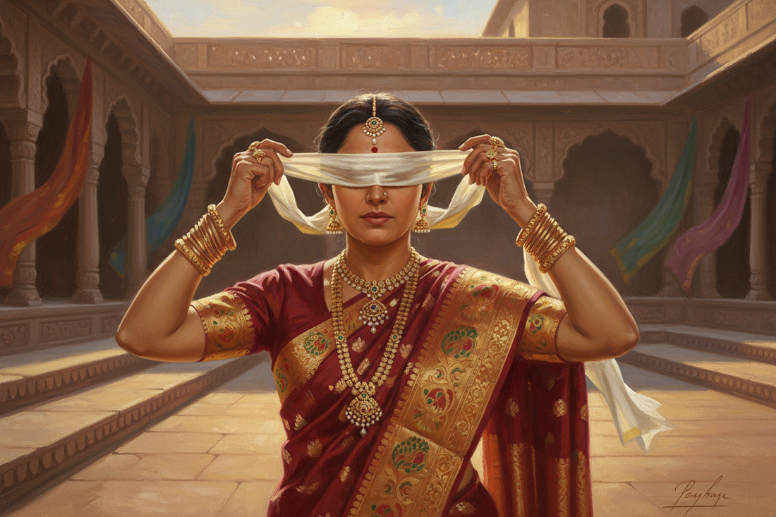 Gandhari tying her blindfold on her wedding day — Secrets of the Sacred Vol. 22 by Divya India