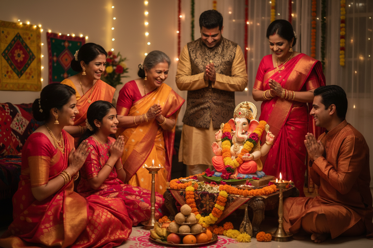 Indian family in vibrant traditional attire performing Ganesh Chaturthi puja at home with a beautifully decorated Ganesha idol, marigold garlands and warm golden lamplight