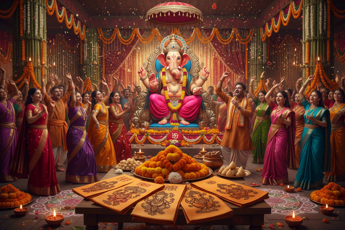 Ganpati stoles with Lord Ganesh print for Ganesh Chaturthi mandal celebrations — premium devotional stoles by Divya India