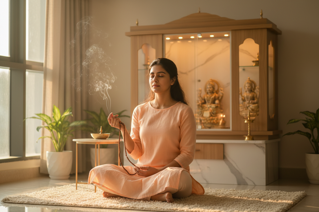 Young Indian woman meditating near home mandir with incense and rudraksha