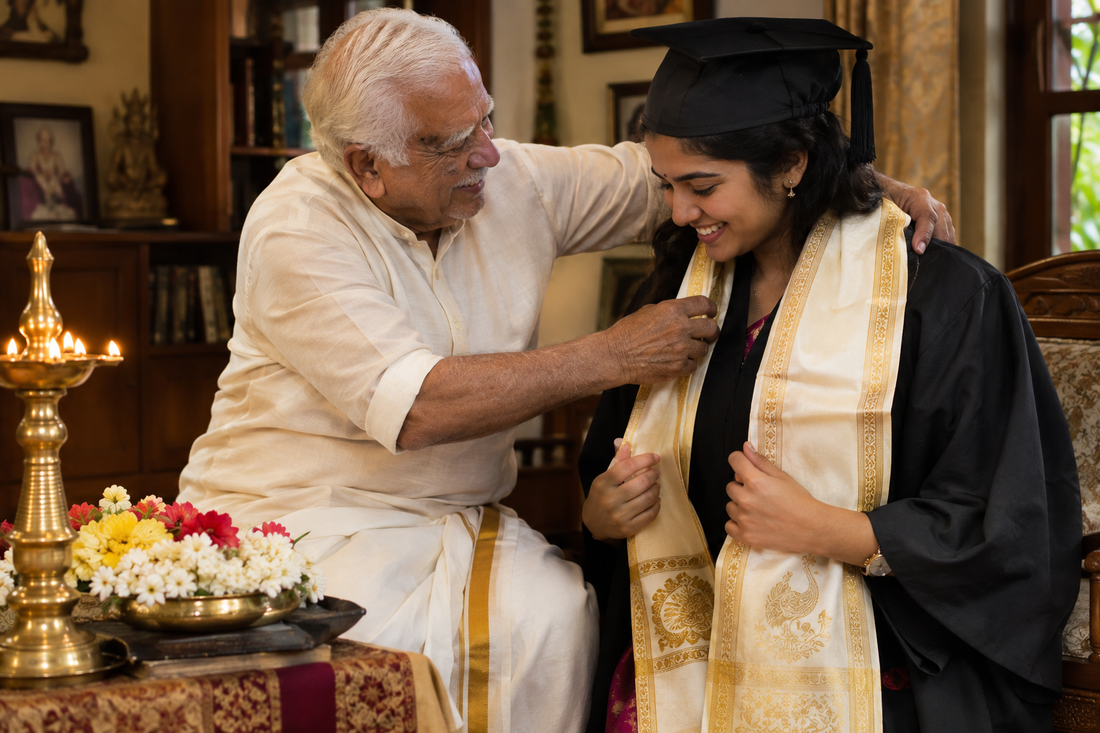 Grandfather placing ivory gold stole on granddaughter shoulders at graduation — sacred Indian blessing