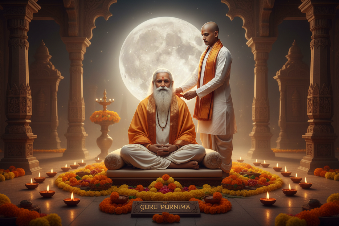 Student draping a saffron stole over Guru's shoulders on Guru Purnima — premium felicitation stoles by Divya India