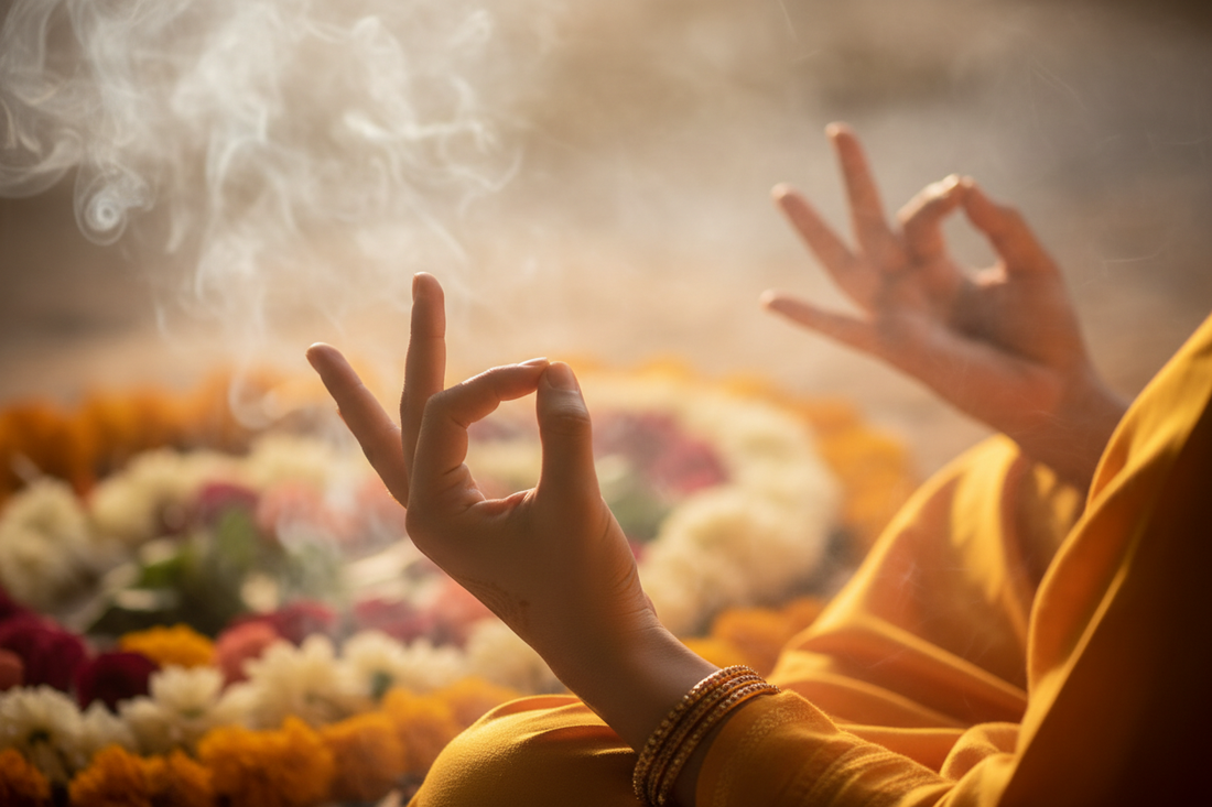 Graceful Indian hands forming the Gyan mudra in morning meditation — sacred hand gestures that direct prana and change energy