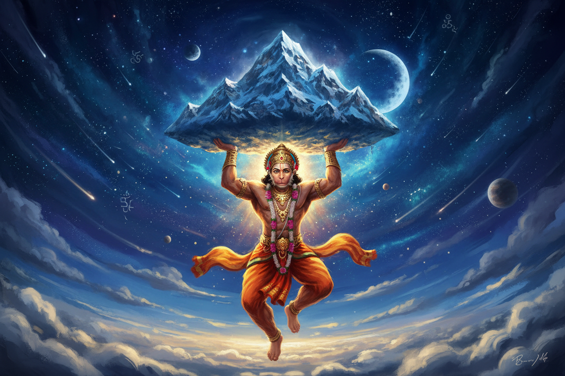 Mighty Hanuman carrying the Dronagiri mountain through the night sky to save Lakshmana — the most beloved story of devotion in the Ramayana