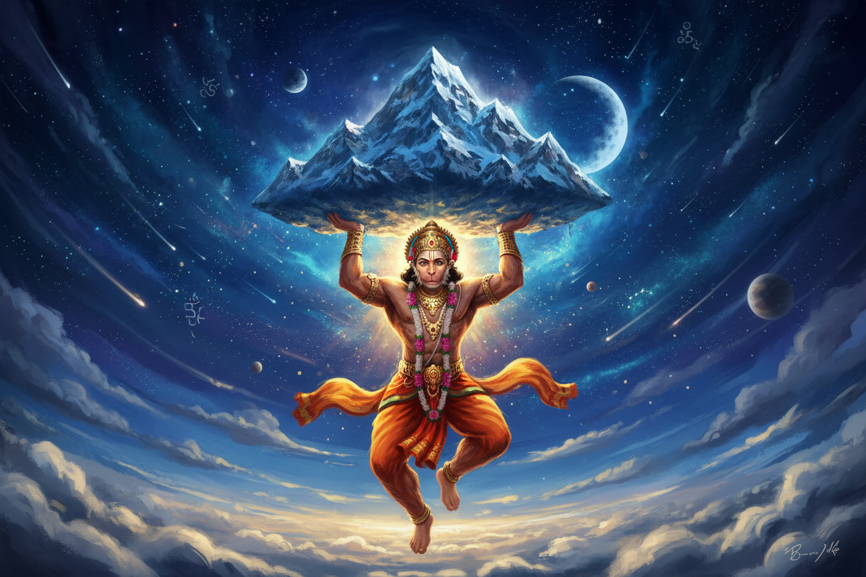 Mighty Hanuman carrying the Dronagiri mountain through the night sky to save Lakshmana — the most beloved story of devotion in the Ramayana
