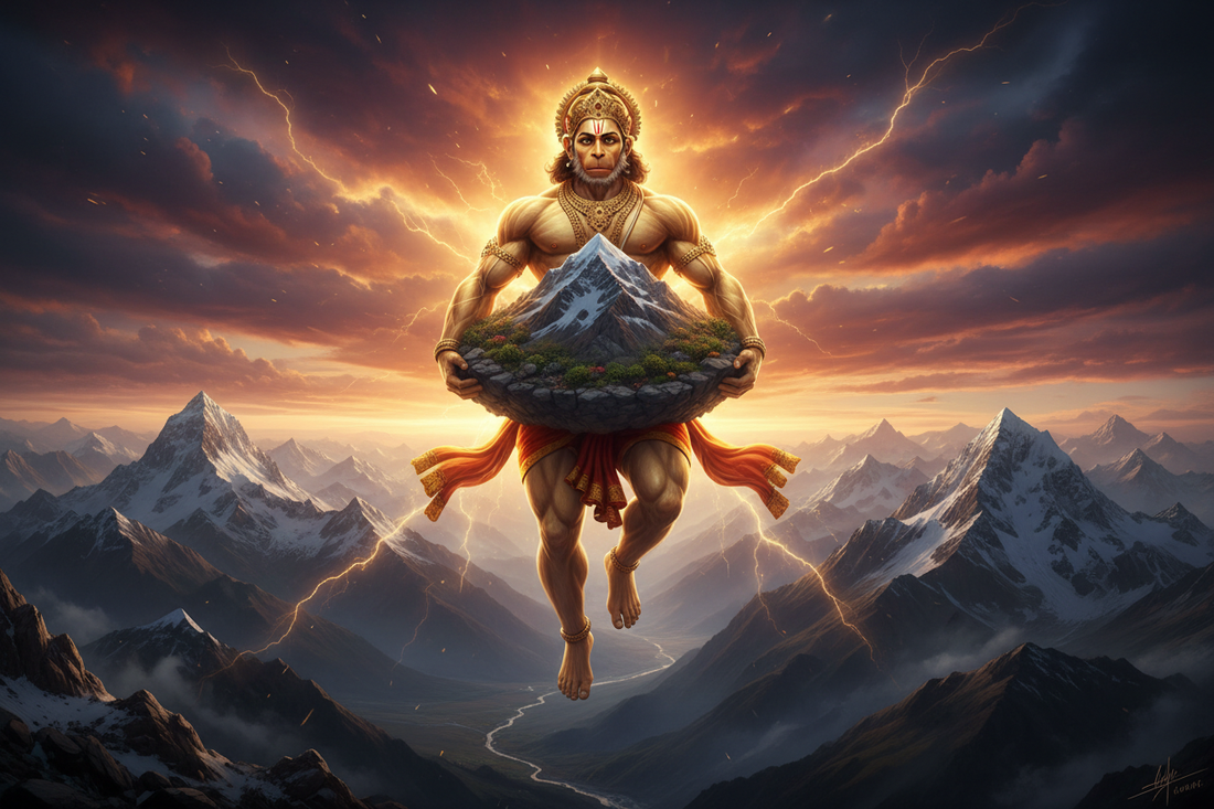 Hanuman carrying Dronagiri mountain in divine golden light