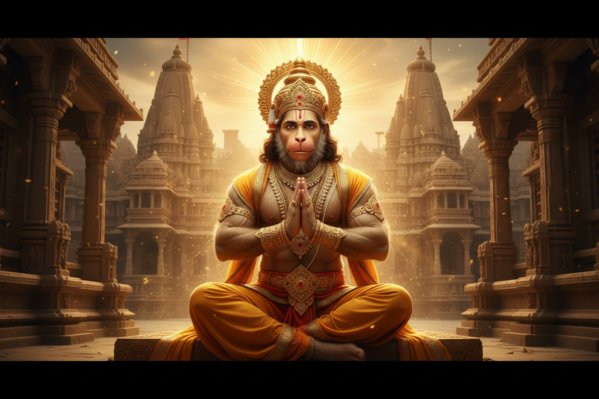 Hanuman in divine golden light — majestic and devoted, sacred aura glowing, ancient Indian temple in background