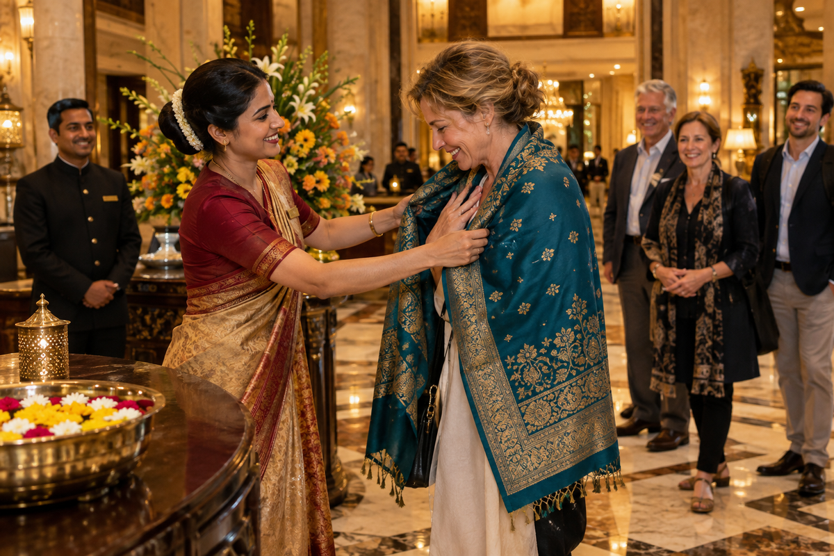Indian hotel receptionist draping embroidered teal stole on guest — luxury welcome ritual