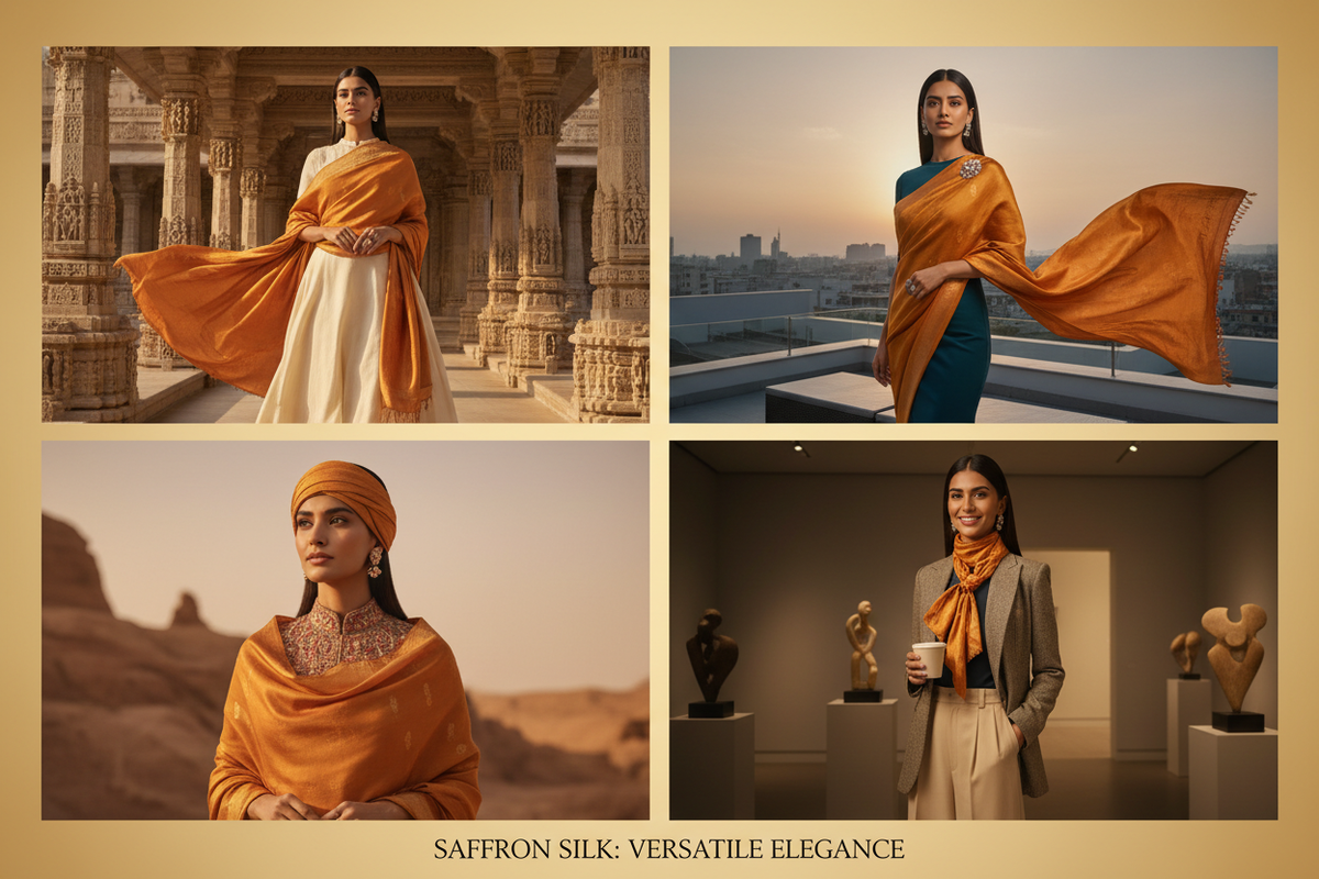 A stylish Indian woman demonstrating multiple ways to drape and style a saffron silk stole — 15 ways to wear a stole for 15 different occasions