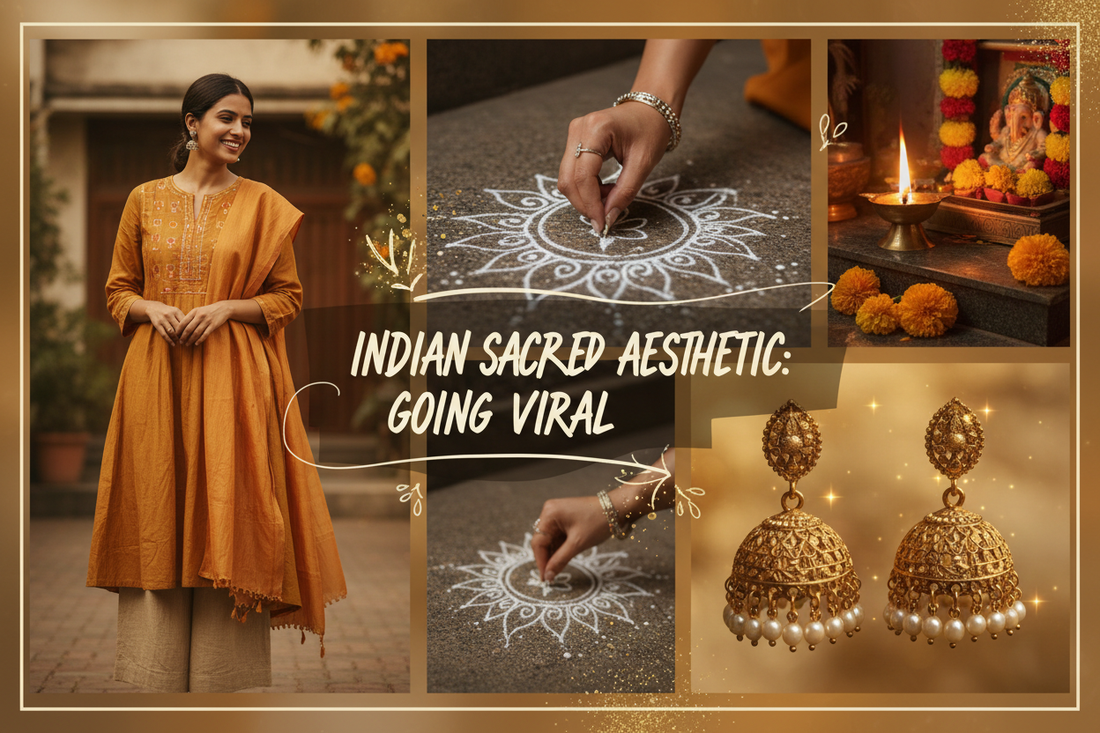 Indian sacred aesthetic going viral — saffron stole, kolam pattern, gold jhumkas and glowing puja diya — 10 Indian things on Pinterest that are actually sacred