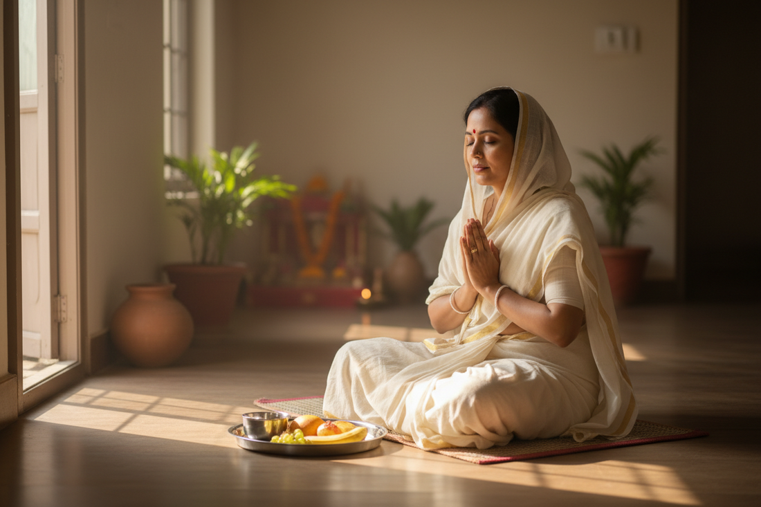 Indian woman in morning prayer before fasting — Secrets of the Sacred Vol. 33 by Divya India