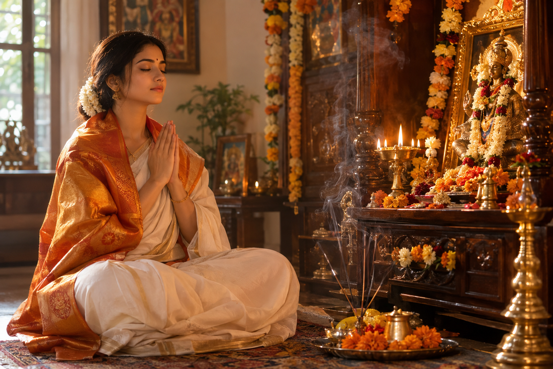 Devoted Indian woman in white saree meditating with saffron stole draped at sacred home puja corner
