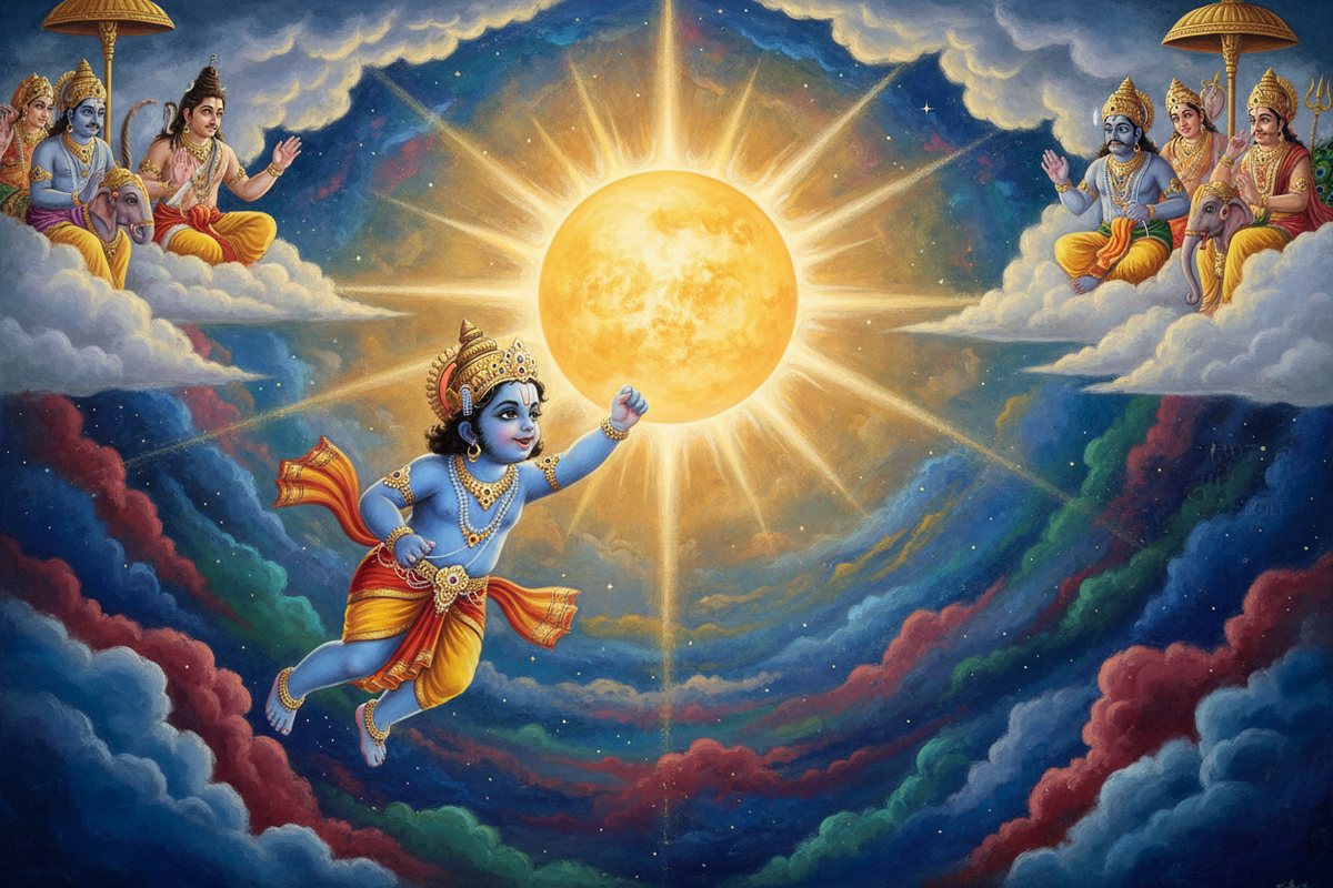 Infant Hanuman leaping joyfully toward the sun thinking it is a fruit — Spiritual Stories by Divya India