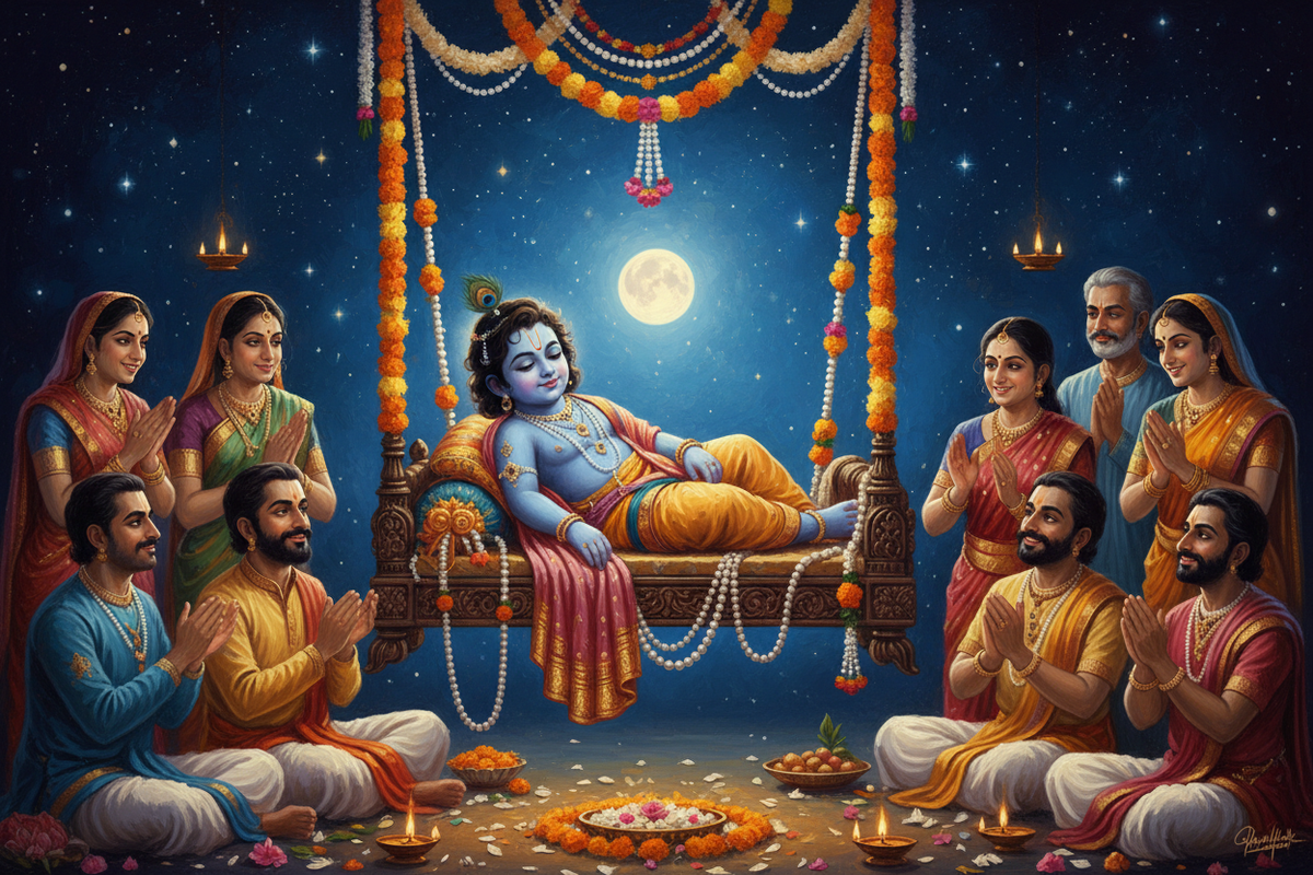 Baby Lord Krishna in a decorated cradle surrounded by oil lamps and marigolds during Janmashtami midnight celebration