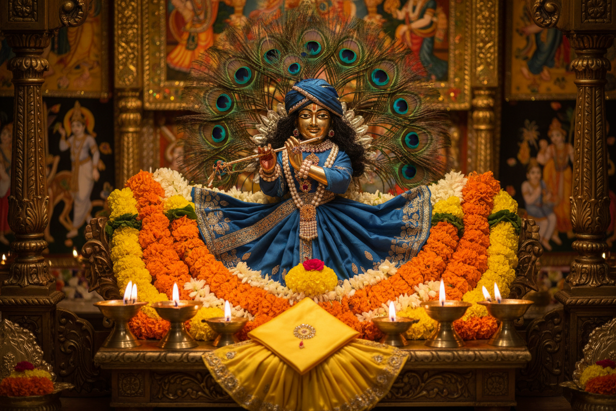 ellow silk stole offered at beautifully decorated Krishna Janmashtami altar