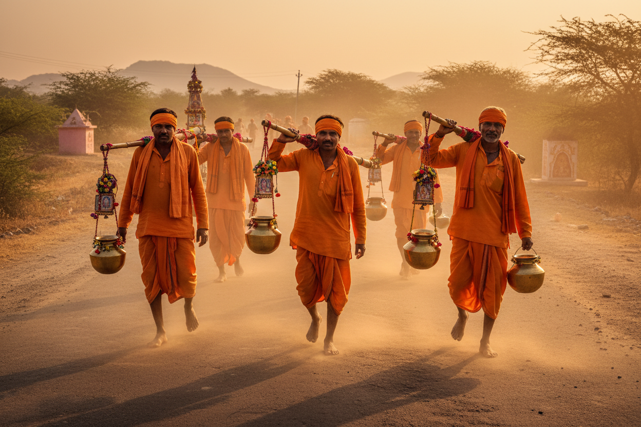 Kanvariyas walking on highway at dawn in saffron clothes carrying Kanvar poles — Secrets of the Sacred by Divya India