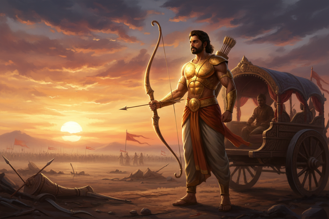 Karna the warrior in his divine golden armour at sunrise — Secrets of the Sacred Vol. 21 by Divya India